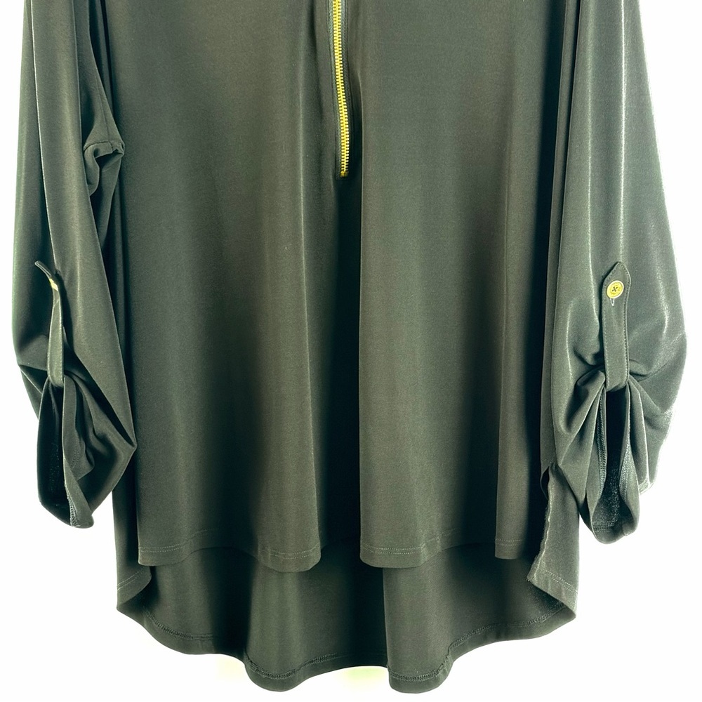 Michael Kors Black Zip Front Blouse Gold Hardware Roll Tab Sleeve 2X - Picture 8 of 12